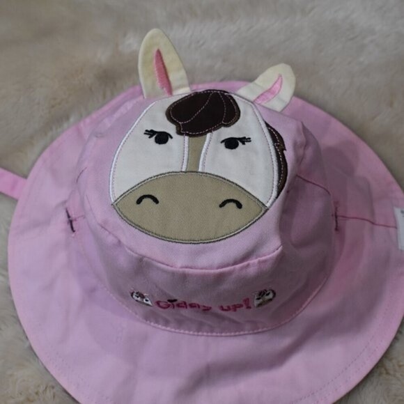 Girls  Horse Reversable Bucket Hat Pink Blue Summer Beach Sun Cap - Picture 3 of 8